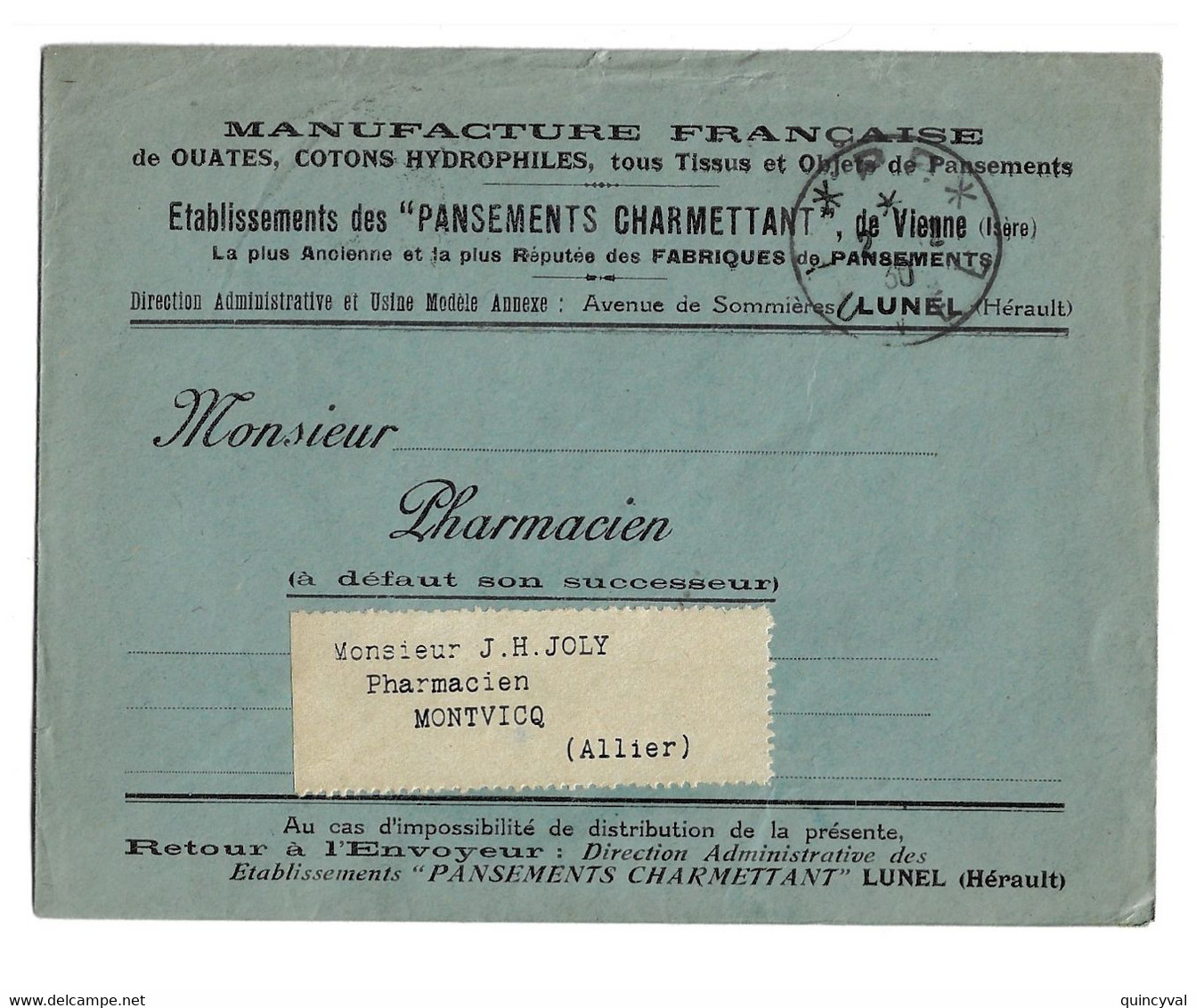 P P LUNEL Sur Lettre Entête Manufacture Coton Hydrophile Pansement CHARMETTANT Vienne Ob 2 4 1930 - Manual Postmarks