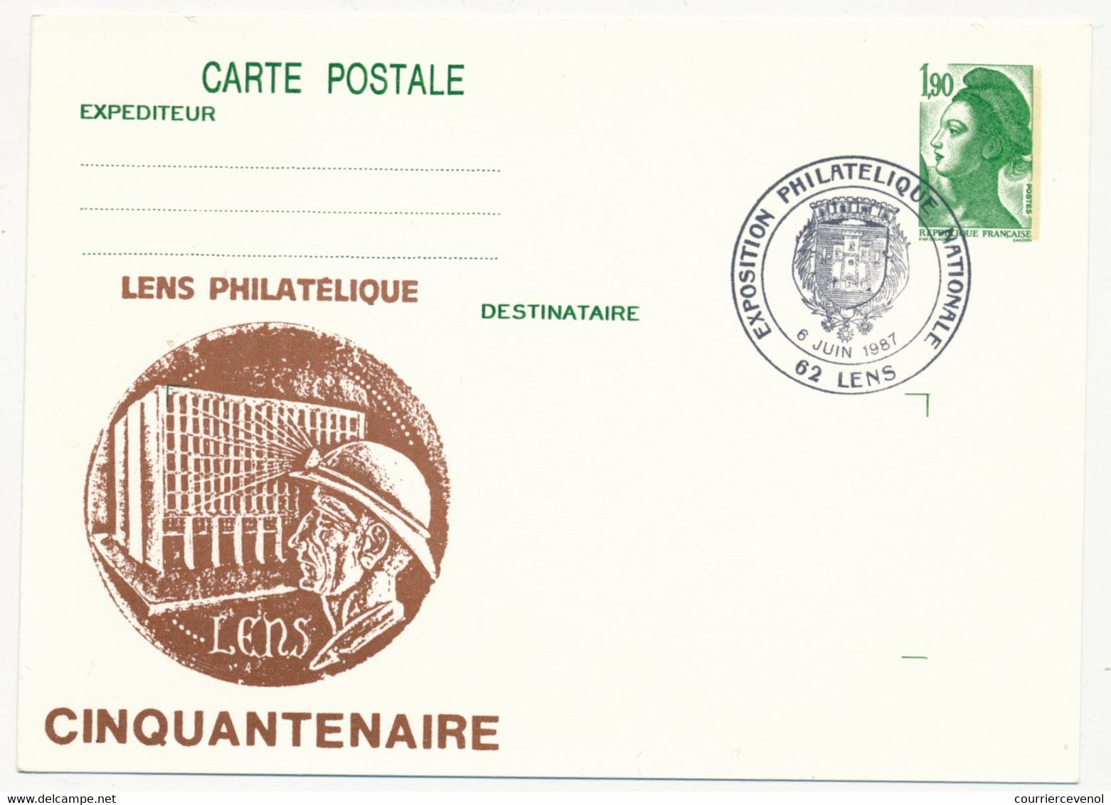 Entier Repiqué - 1,90 Liberté - Cinquantenaire "LENS PHILATELIQUE" - Exposition... 62 LENS - 6 Juin 1987 - Postales  Transplantadas (antes 1995)