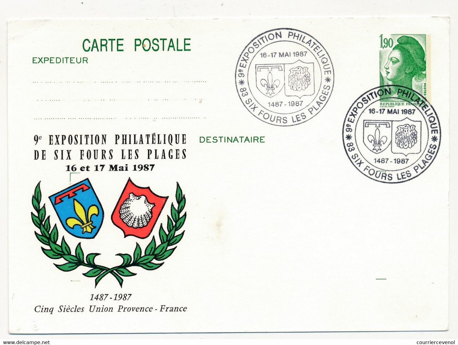 CP Entier Repiqué 1,90 Liberté - Exposition Philatélique - 83 SIX FOURS LES PLAGES - 16 Mai 1987 - Cartes Postales Repiquages (avant 1995)