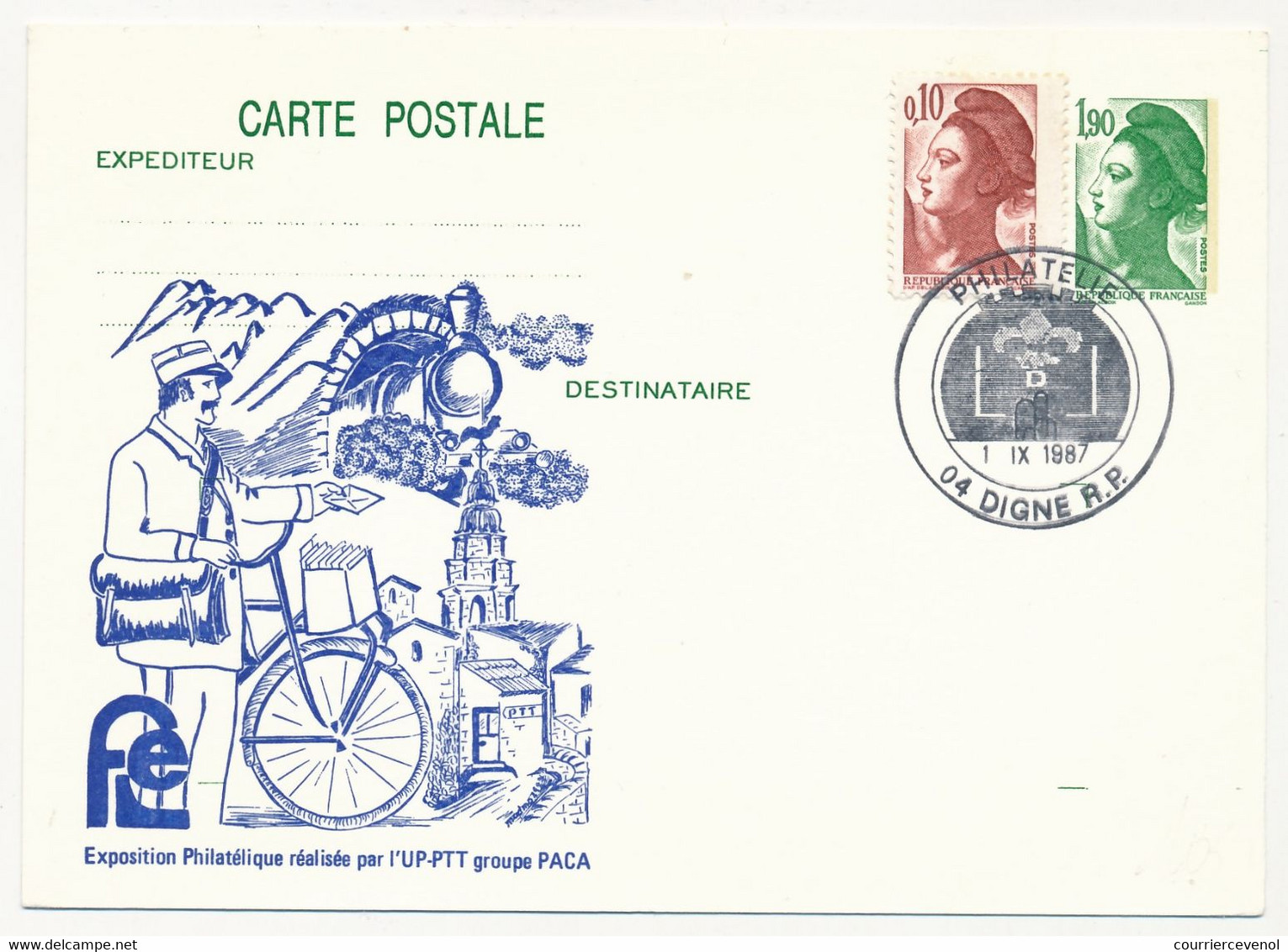 CP Entier Repiqué 1,90 Liberté - Exposition Philatélique UP PTT PACA - 04 DIGNE PHILATELIE - 1/9/1987 - Bijgewerkte Postkaarten  (voor 1995)