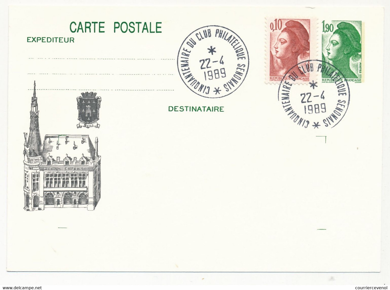 CP Entier Repiqué 1,90 Liberté - Cinquantenaire Du Club Philatélique Senonais - 22/4/1989 - Postales  Transplantadas (antes 1995)