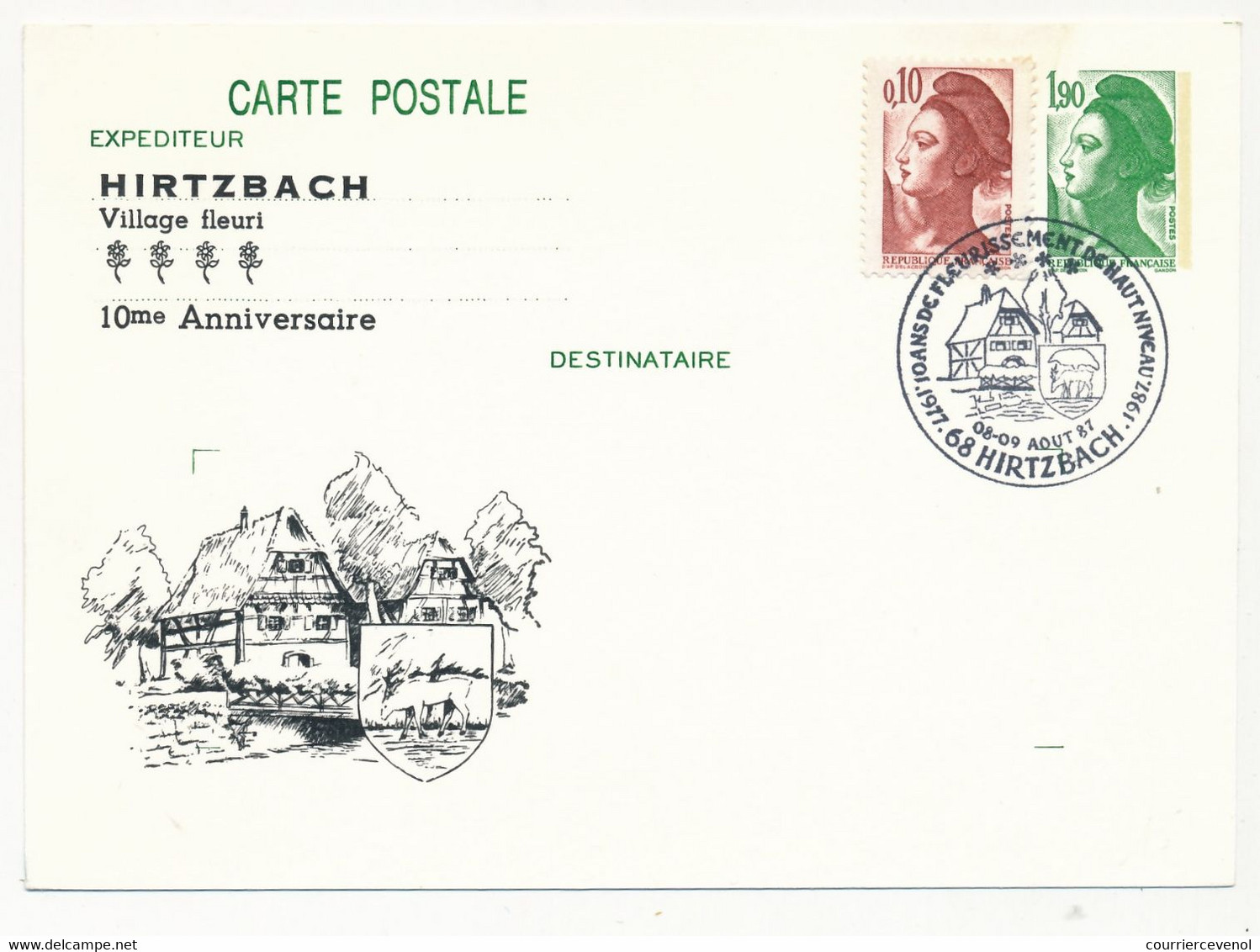 CP Entier CP Repiquée 1,90 Liberté - HIRTZBACH Village Fleuri - 68 HIRTZBACH - 8 Aout 1987 - Overprinter Postcards (before 1995)