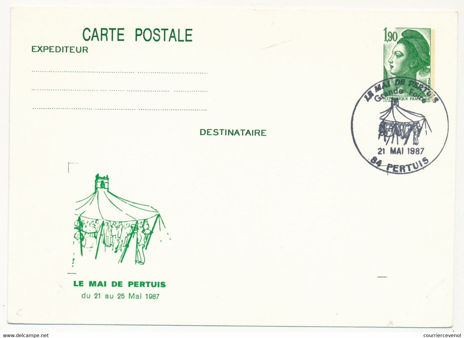 CP Entier CP Repiquée 1,90 Liberté - Le Mai De Pertuis - 84 PERTUIS - 21 Mai 1987 - Cartoline Postali Ristampe (ante 1955)