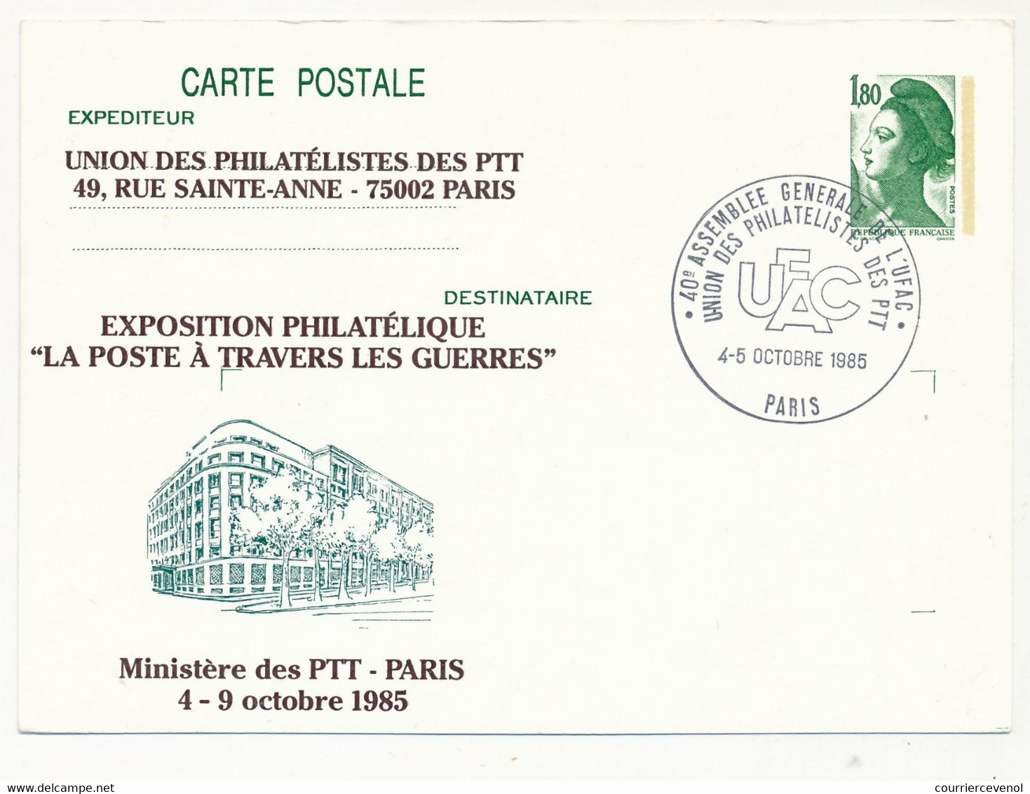 CP Entier CP Repiquée 1,80 Liberté - La Poste à Travers Les Guerres - PARIS - 4 Octobre 1985 - Postales  Transplantadas (antes 1995)