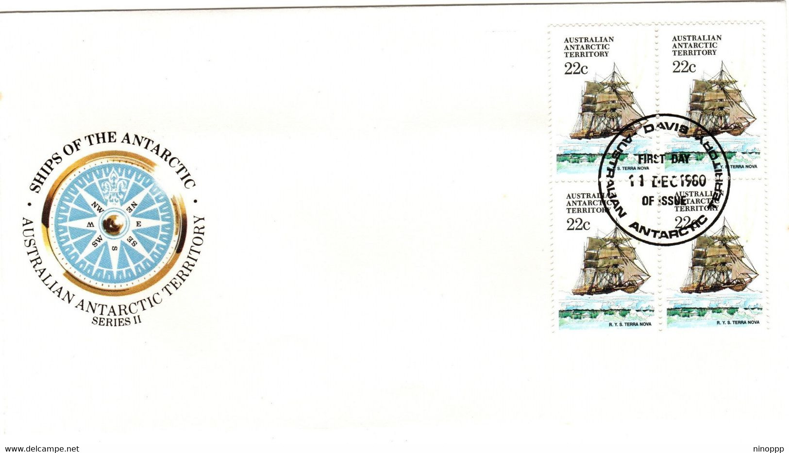 Australian Antarctic Territory 1980 Ship Terra Nova 22c Block 4,Davis Base, First Day Cover - FDC