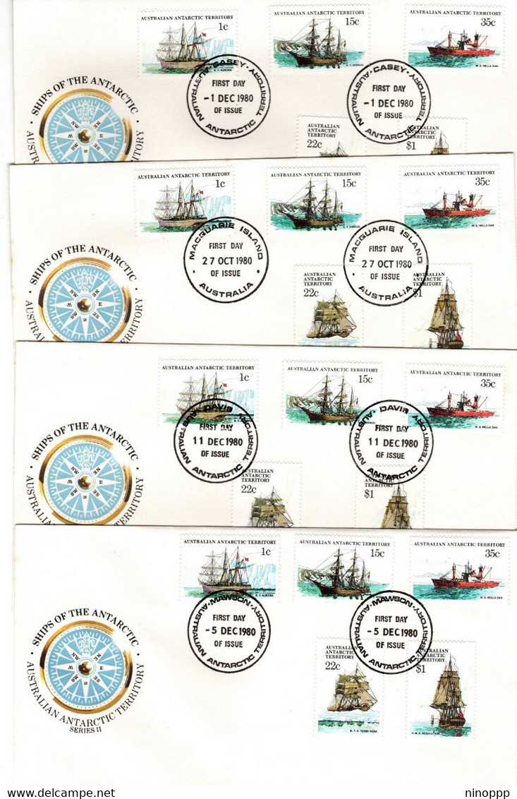 Australian Antarctic Territory 1980 Ships Erie II Set 4 Bases Cancellation, First Day Cover - FDC