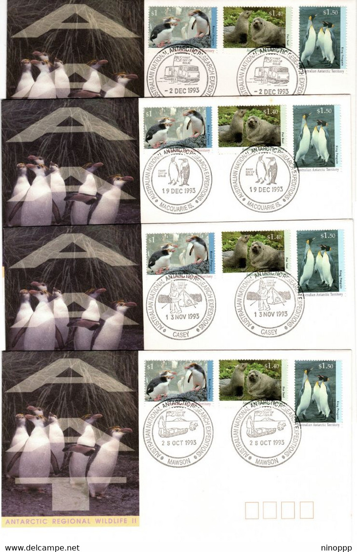 Australian Antarctic Territory 1993 Regional Wildlife II Set 4 Bases, First Day Cover - FDC