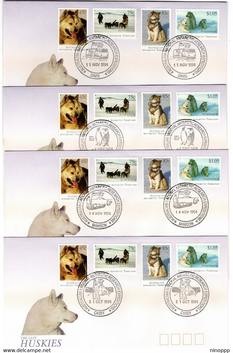 Australian Antarctic Territory 1994 The Last Huskies Set 4 Bases , First Day Cover - FDC