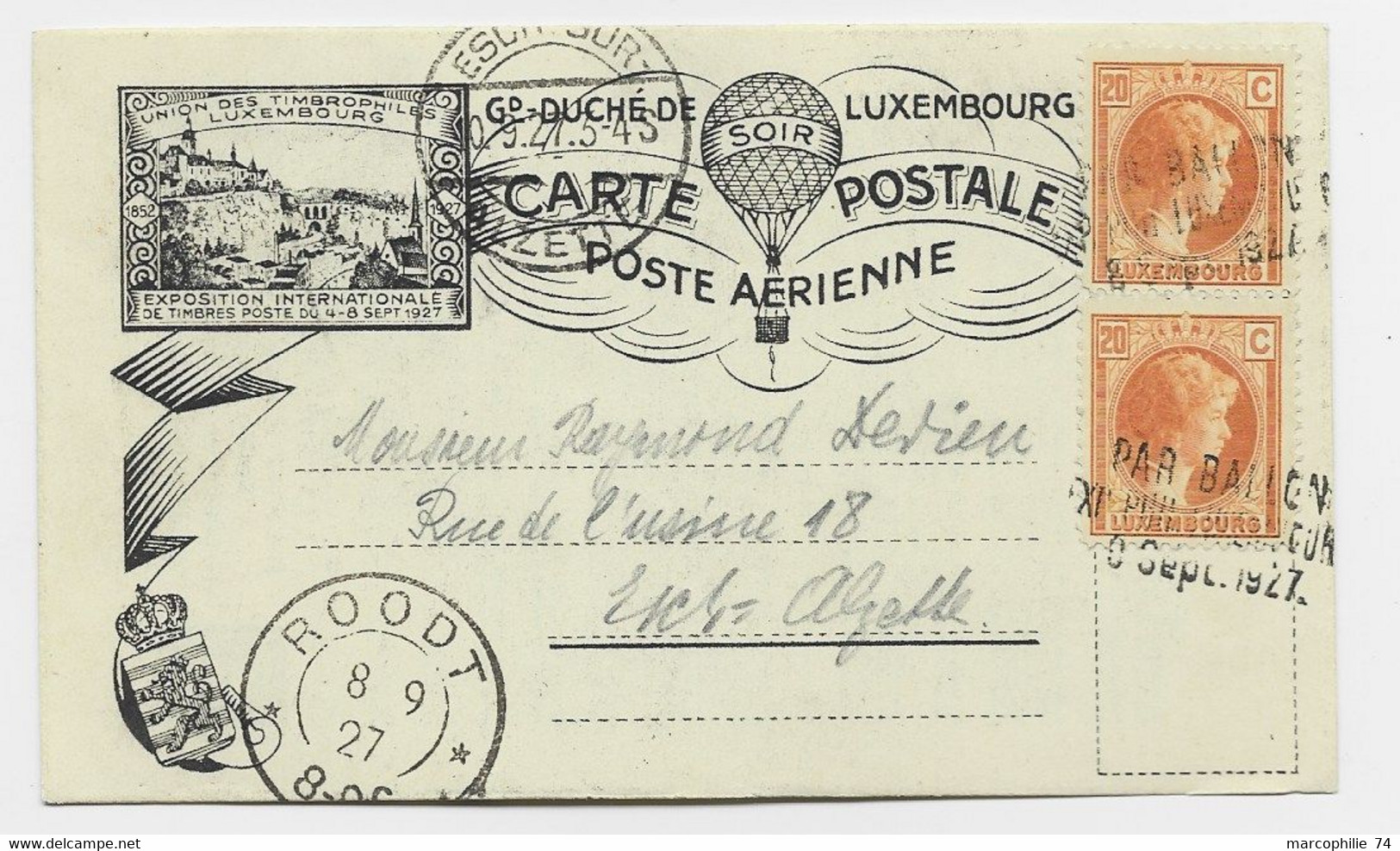 LUXEMBOURG 20CX2 PETITE CARTE COVER CARD POSTE AERIENNE PAR BALLON 9 SEPT 1927 - Briefe U. Dokumente
