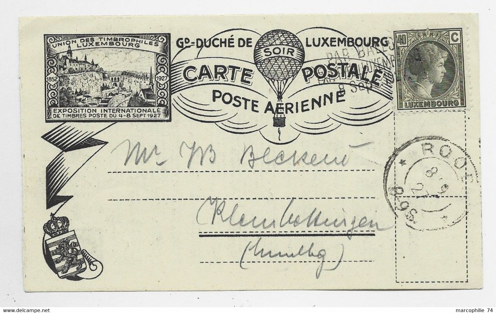 LUXEMBOURG 40C SOLO PETITE CARTE COVER CARD POSTE AERIENNE PAR BALLON 9 SEPT 1927 - Brieven En Documenten