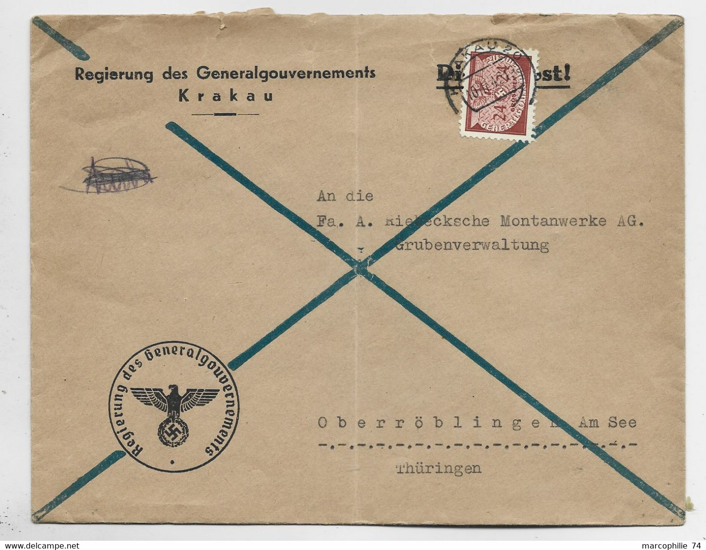 GENERAL GOUVERNEMENT POLAND POLSKA 24C SOLO LETTRE COVER BRIEF KRAKAU 10.1.1943 TO THURINGEN - Gouvernement Général