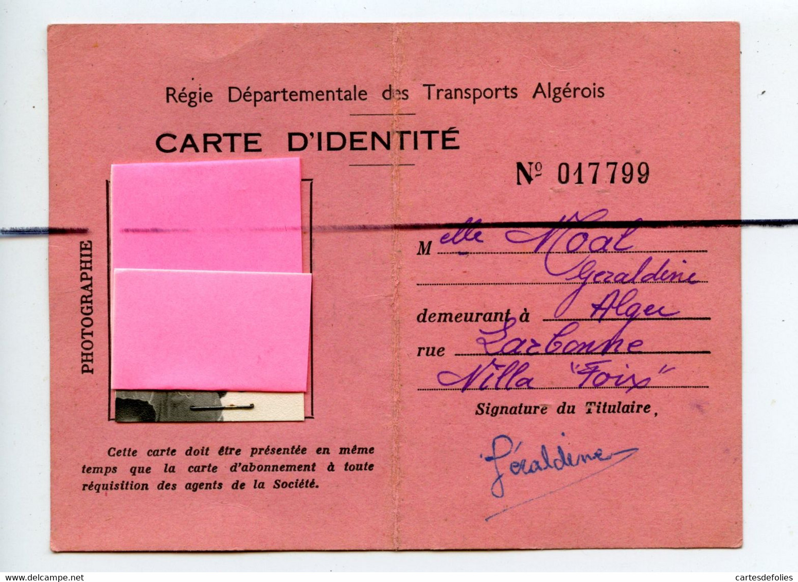 Document.  Carte Identité. R. D. T. A. Régit Départementale Des Transports ALGEROIS. - Mundo