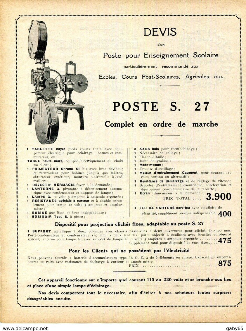 CINEMA.CINE-MATERIEL " GAUMONT "DEVIS POUR 3 MODELES DIFFERENTS DE PROJECTEURS. - Non Classés