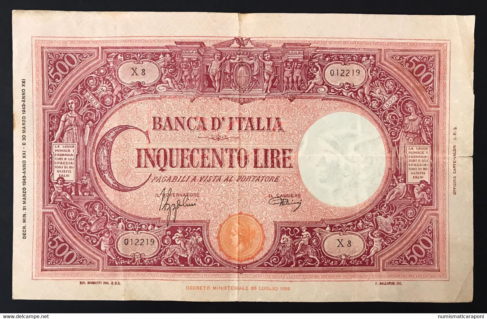 500 LIRE GRANDE C. FASCIO 31 03 1943 Naturale Taglietti Q.bb Lotto 3287 - 500 Liras