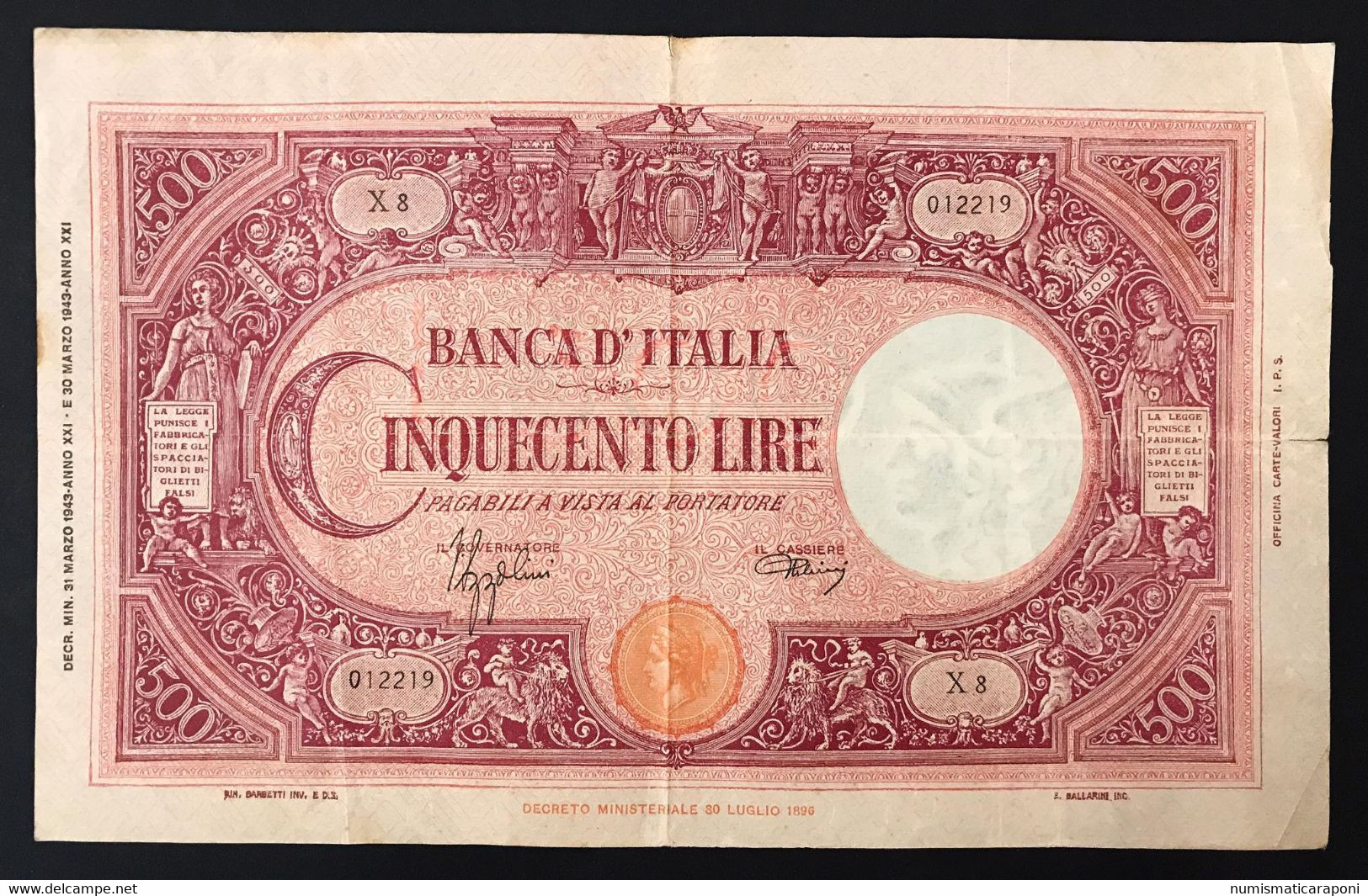 500 LIRE GRANDE C. FASCIO 31 03 1943 Naturale Taglietti Q.bb Lotto 3287 - 500 Lire