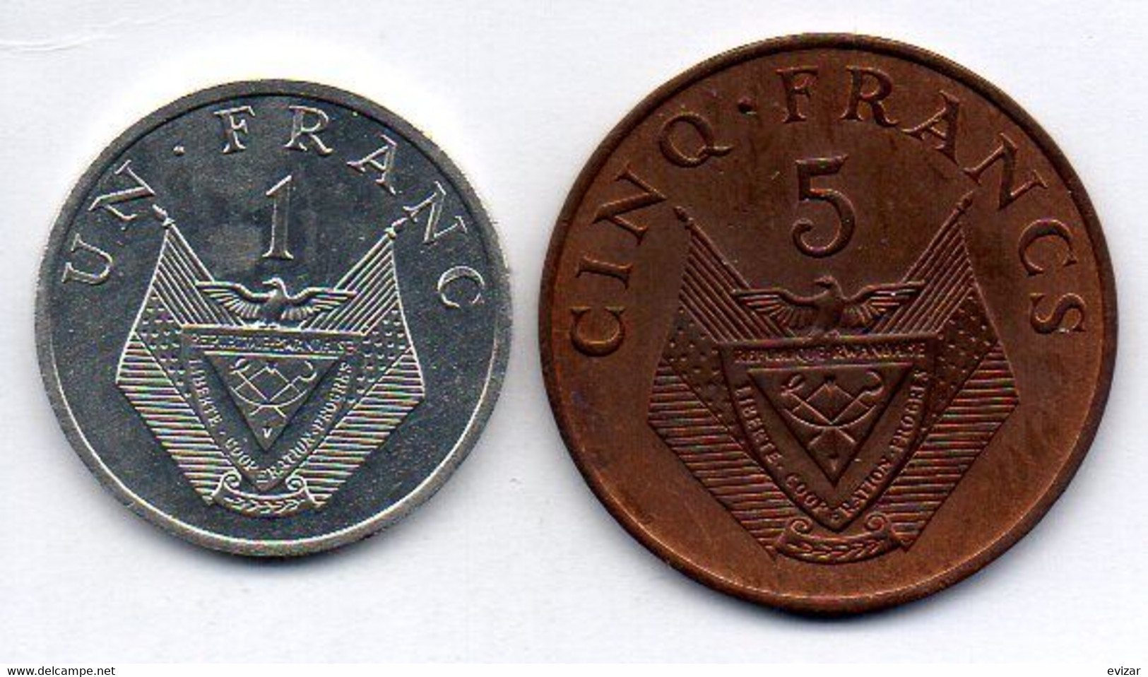 RWANDA, Set Of Two Coins 1, 5 Francs, Aluminum, Bronze, Year 1985, 1987, KM # 12, 13 - Rwanda