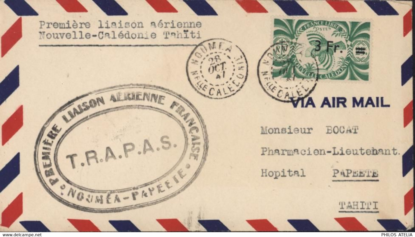 Avion Cachet Première Liaison Aérienne Française Nouméa Papeete T.R.A.P.A.S YT Nouvelle Calédonie 254 Surcharge 3FR - Lettres & Documents