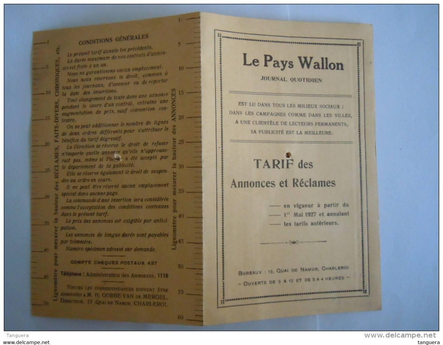 1927 Le Pas Wallon Journal Quotidien Tarif Des Annonces Et Réclames Bureaux: Charleroi Form 9,5 X 15,3 Cm - Imprenta & Papelería