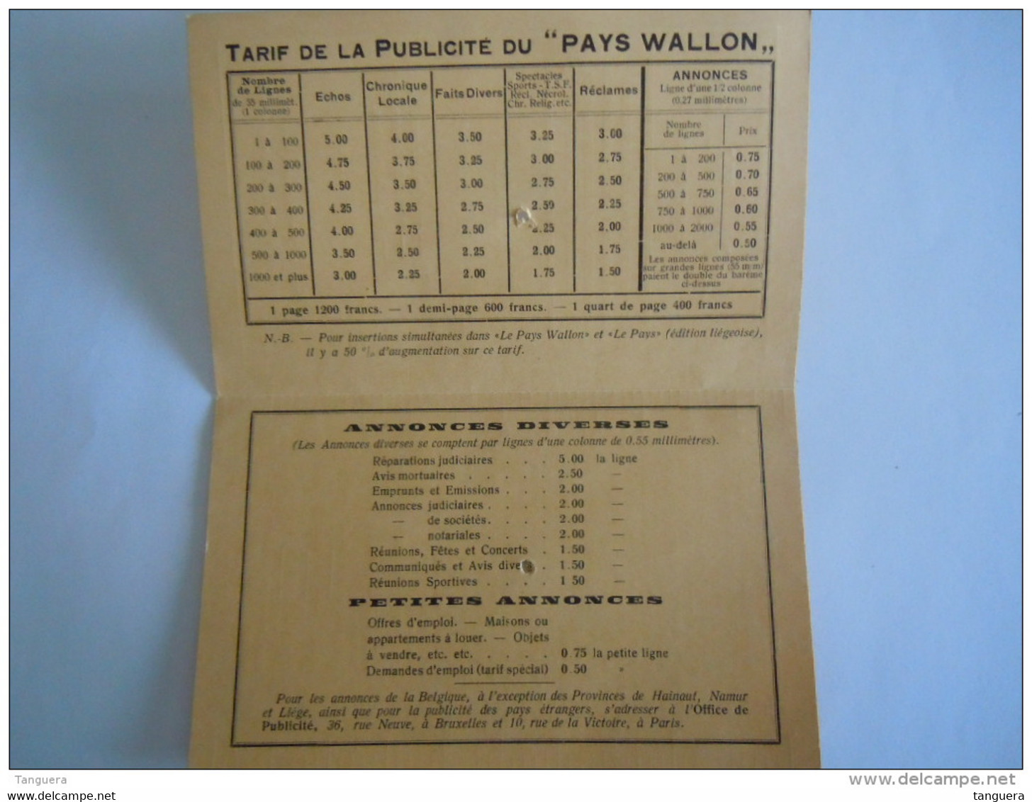 1927 Le Pas Wallon Journal Quotidien Tarif Des Annonces Et Réclames Bureaux: Charleroi Form 9,5 X 15,3 Cm - Printing & Stationeries