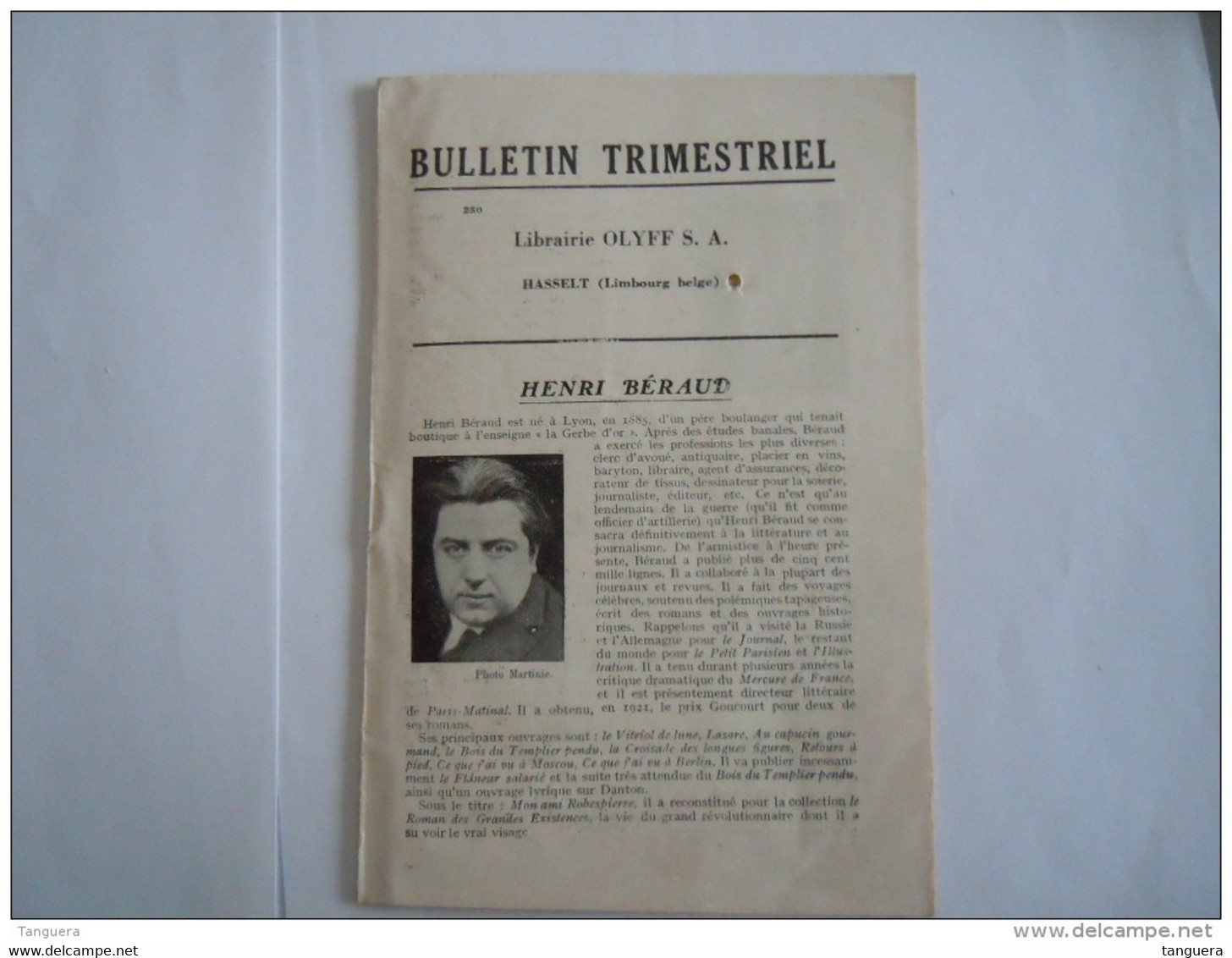 Belgique 1927 Librairie Olyff Hasselt Bulletin Trimestriel Nouveautés Et Réimpressions 20 Pages Form 11,5 X 17,2 Cm - Imprenta & Papelería