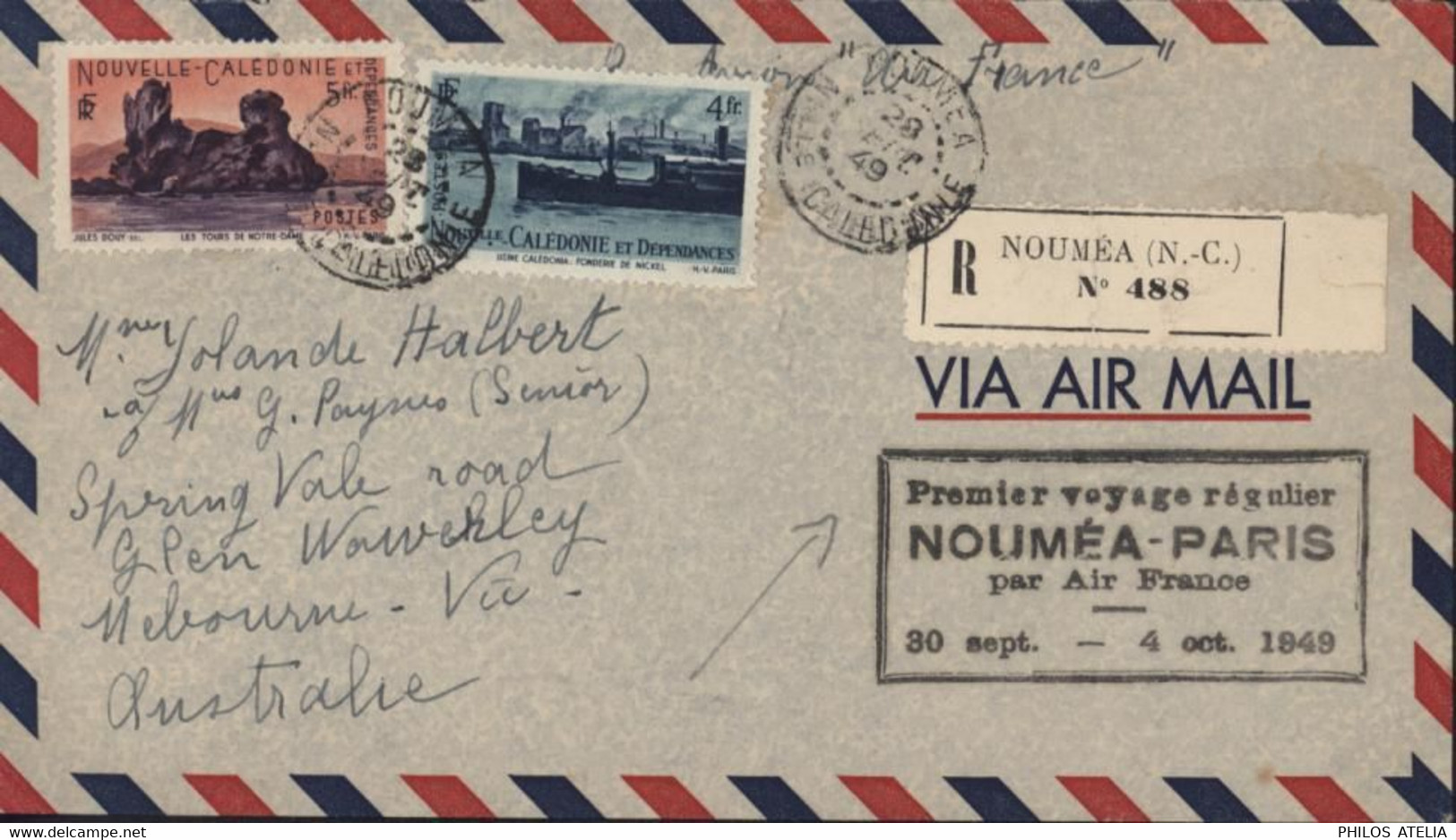 Cachet Premier Voyage Régulier Nouméa Paris Par Air France Recommandé Nouméa Par Avion YT Nouvelle Calédonie 271 272 - Cartas & Documentos