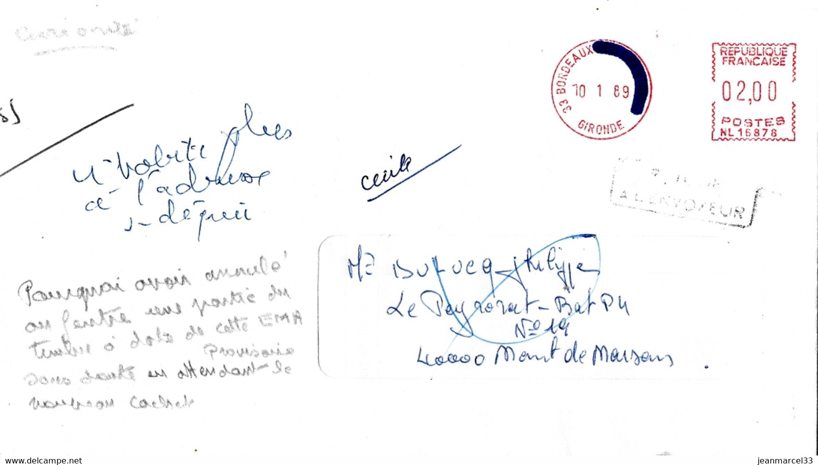 EMA Rectifié, Le Timbre à Date De L'EMA A été Modifié D'un Stylo Feutre (annulation Du Quartier) 33 Bordeaux 10 1 89 - Storia Postale