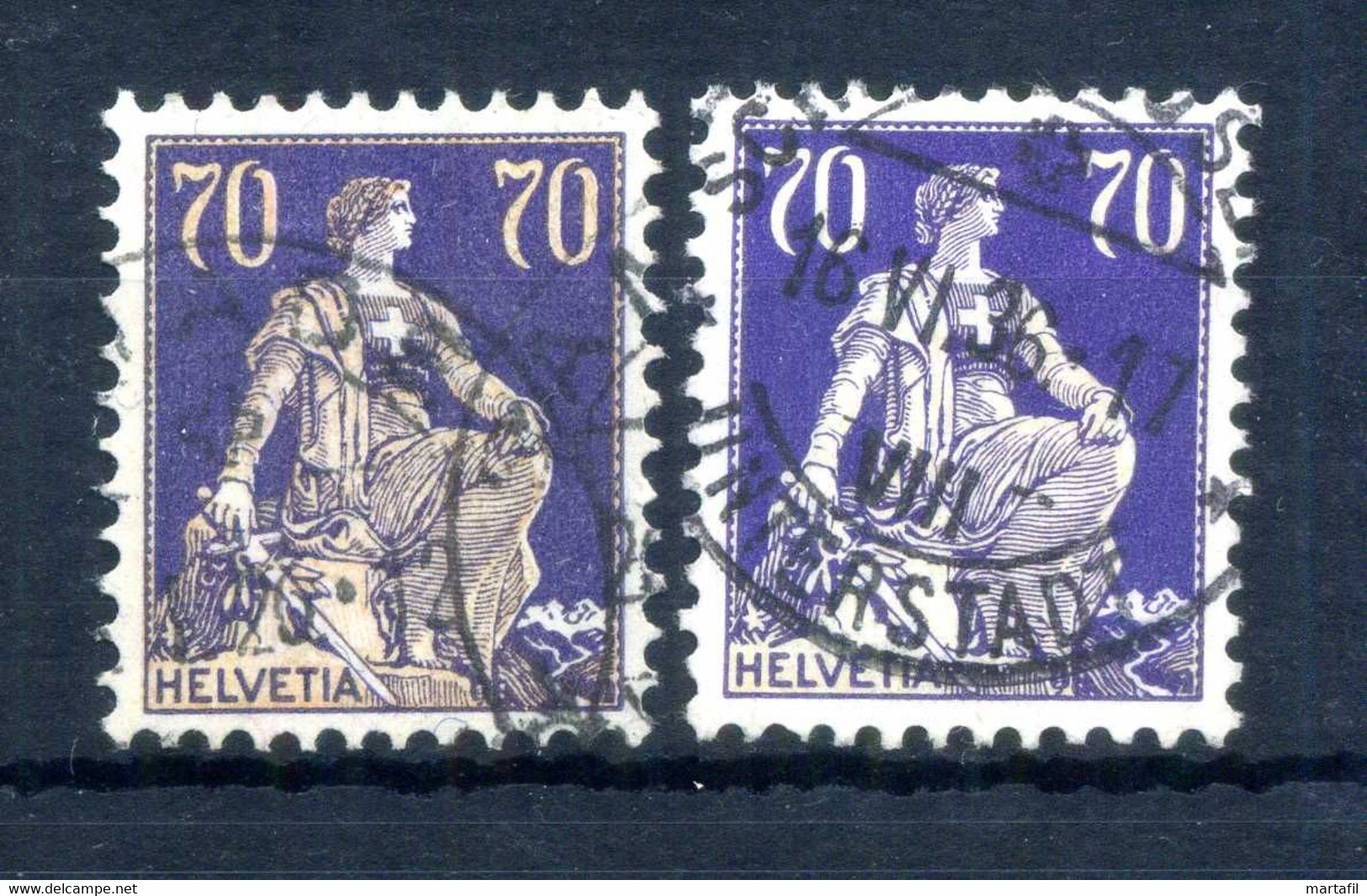 1924-25 SVIZZERA N.207+207a USATO Helvetia Seduta 70c. Carta Bianca + Carta Goffrata - Gebruikt