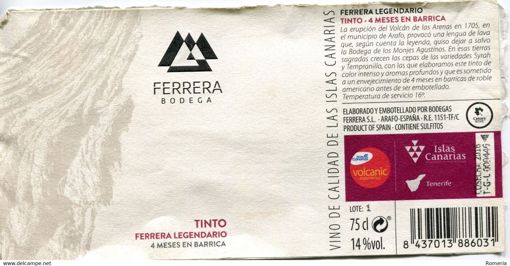 1874 - Canaries - Tenerife - TINTO FERRERA LEGENDARIO 4 Meses En Barrica - Rotwein