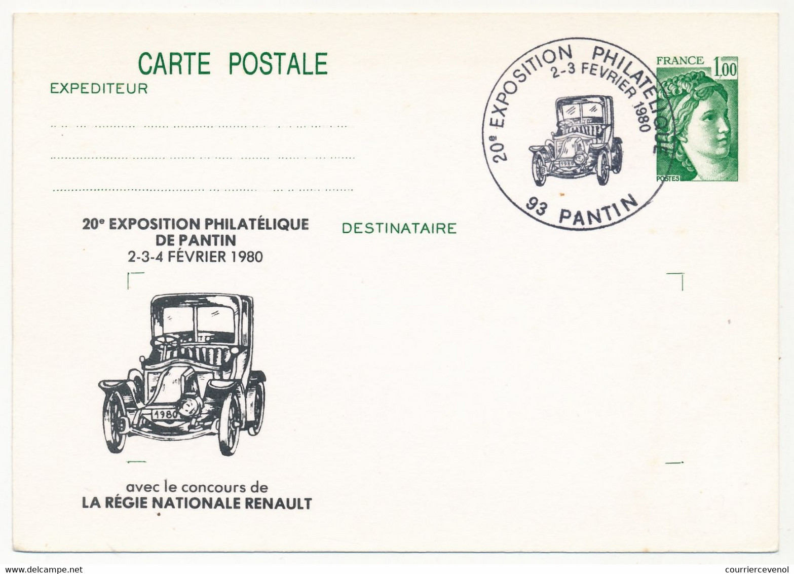 Entier Repiqué - 1,00 Sabine - 20e Expo. Philatélique De Pantin (Tacot Renault) - 93 PANTIN - 2/3 Février 1980 - AK Mit Aufdruck (vor 1995)