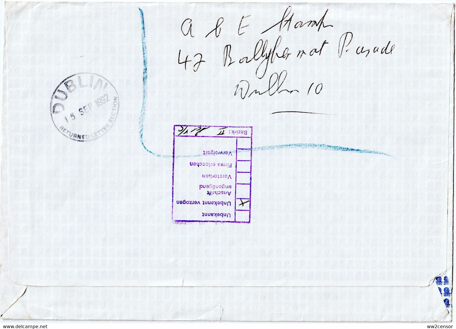 1992 Ireland/Irland RETURN TO SENDER Paid 40p To Germany - Lettres & Documents