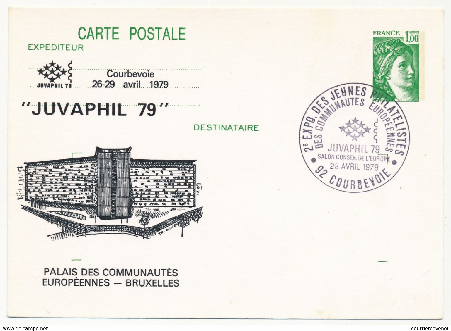 Entier Repiqué - CP 1,00 Sabine - Juvaphil 79 - 92 Courbevoie - 28 Avril 1979 - Overprinter Postcards (before 1995)