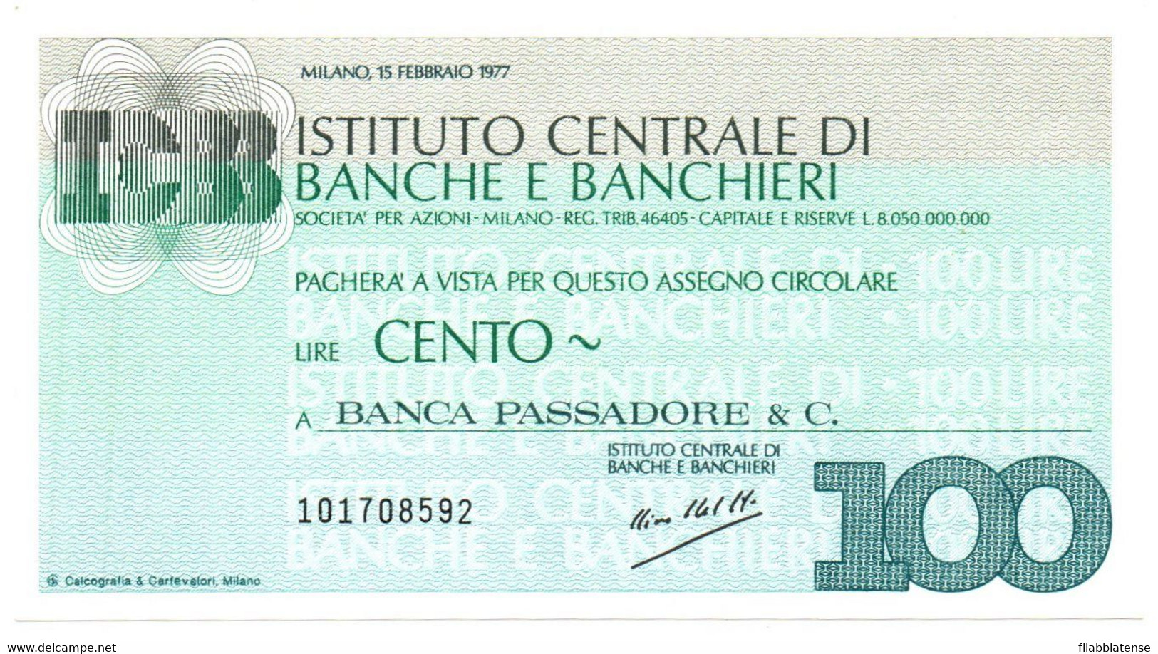 1977 - Italia - Istituto Centrale Di Banche E Banchieri - Banca Passadore & C. ---- - [10] Cheques Y Mini-cheques