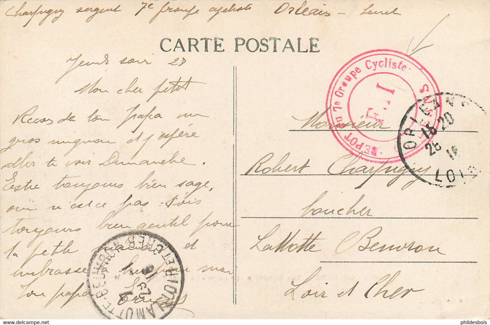 CARTE POSTALE Avec CACHET  " Dépot Du 7 Eme Groupe Cycliste " ORLEANS - Lettres & Documents