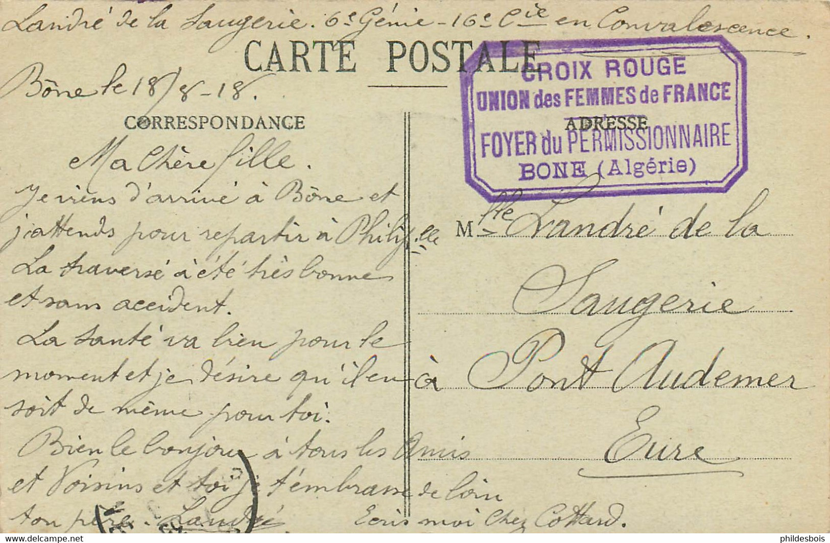 CARTE POSTALE ALGERIE Bone  Cachet " CROIX ROUGE Union Des Femmes De Françe " - Lettres & Documents