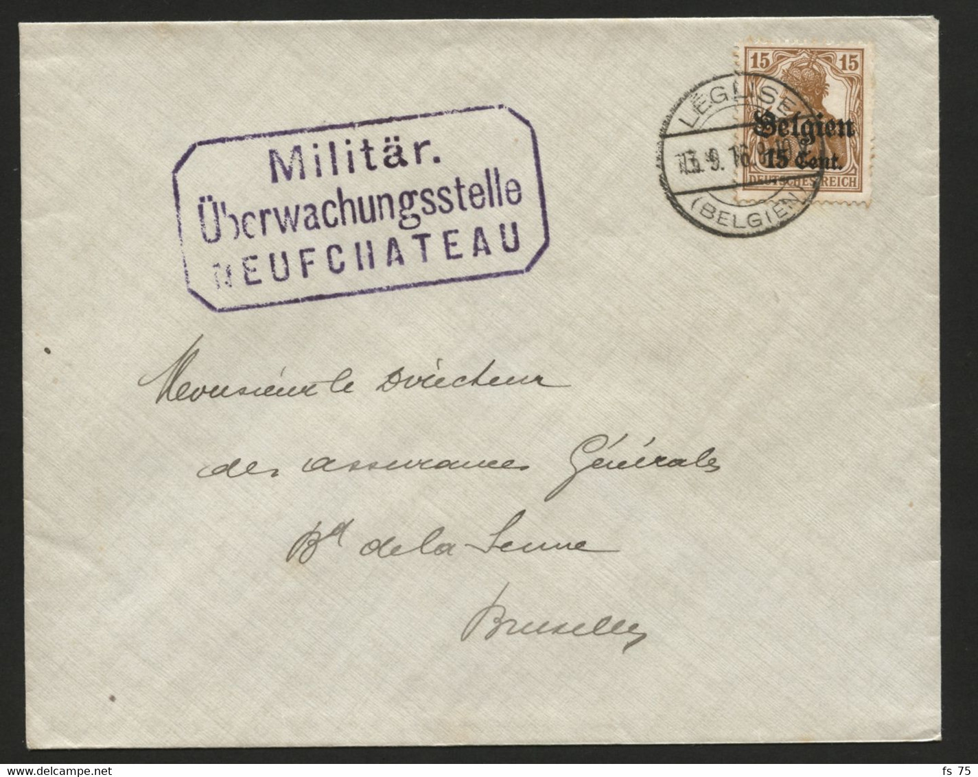 BELGIQUE - COB OC 15 LEGLISE + CENSURE NEUFCHATEAU SUR LETTRE, 1916 - Armée Allemande