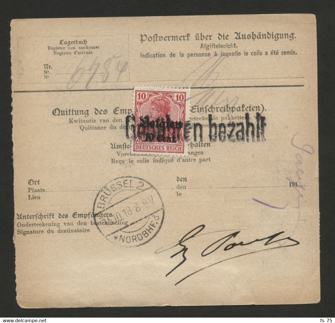 BELGIQUE - COB OC 21 LEOPOLDSBURG + AU VERSO OC 14 GRIFFE GEBUHREN BEZAHLT SUR BULLETIN DE COLIS POSTAL, 1918 - Armée Allemande