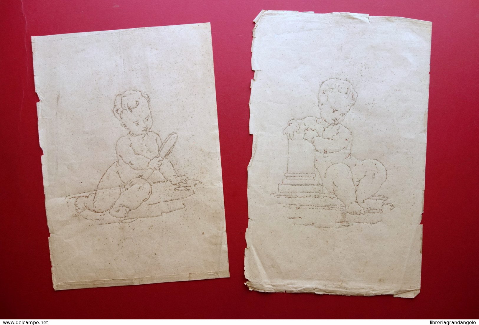 Due Putti Su Carta Acquerello Per Decorazioni A Parete '800 Originali - Aquarelles