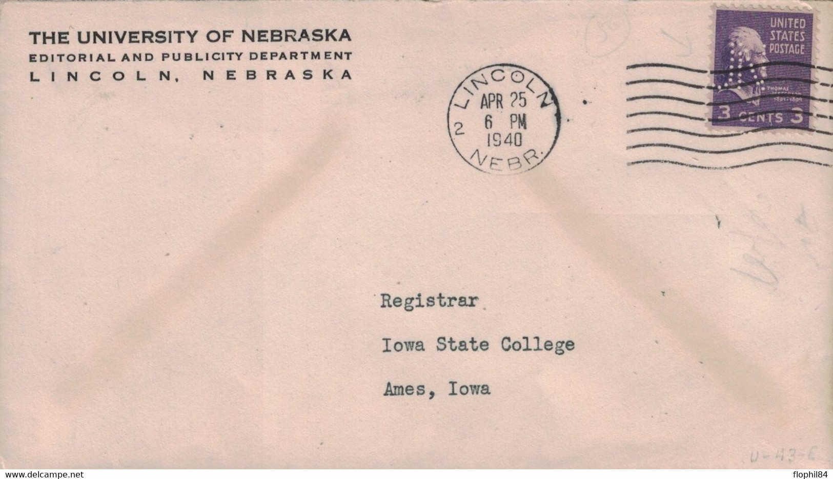 ETATS-UNIS - PERFORATION U.N. - LETTRE ENTETE THE UNIVERSITY OF NEBRASKA - LE 25 AVRIL 1940. - Perforés