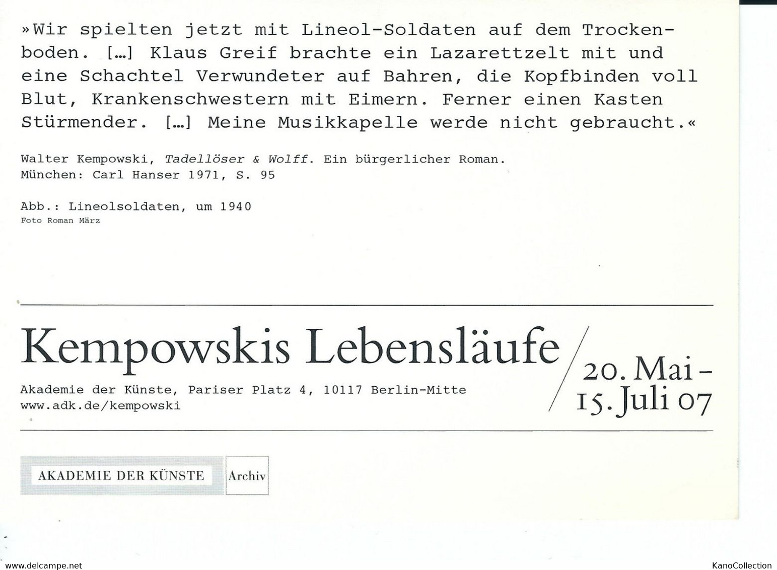 Spielzeugsoldaten, Walter Kempowski, Lebensläufe, Akademie Der Künste 2007, Einladungskarte - Jeux Et Jouets