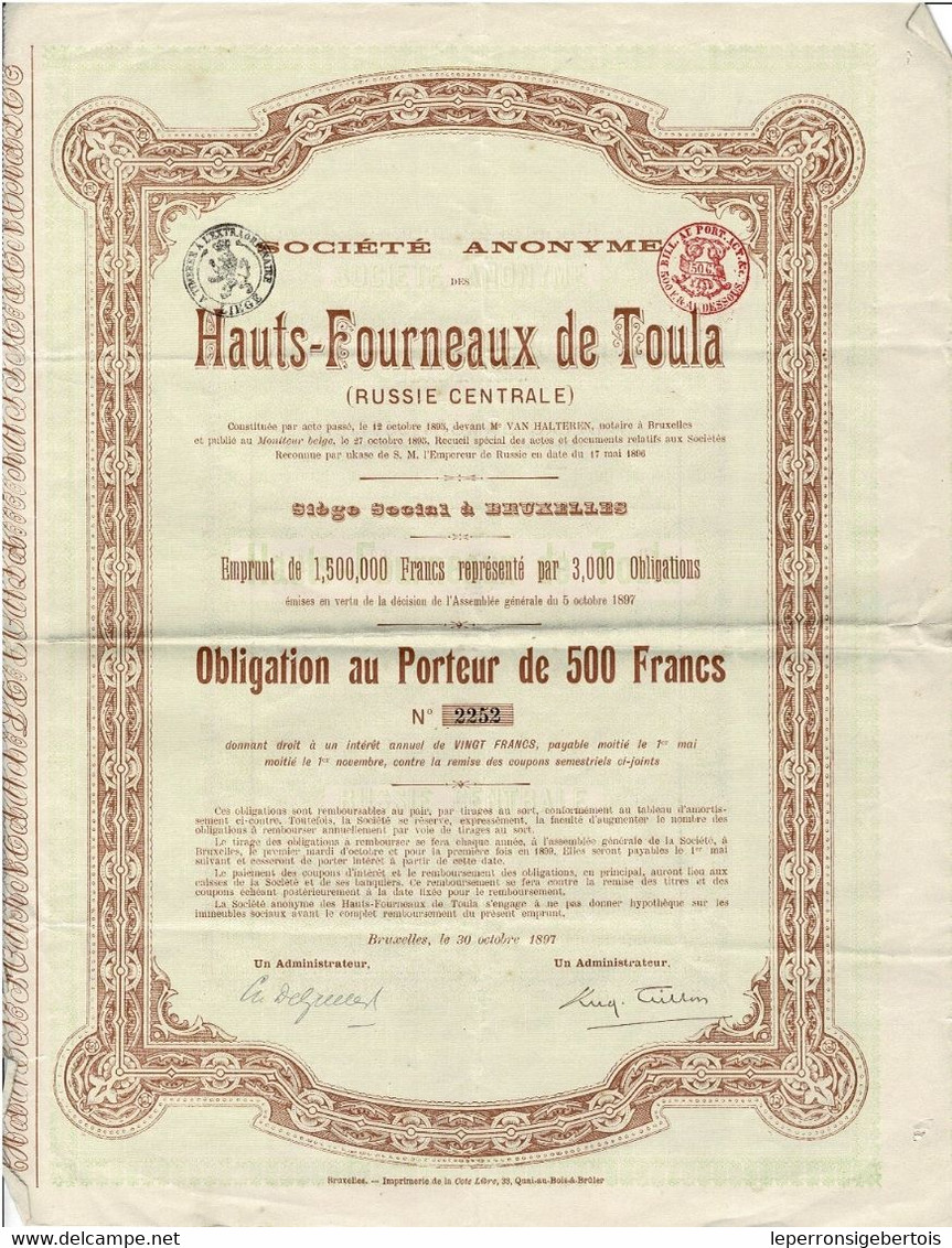 Obligation De 1897 - Société Anonyme Des Hauts-Fourneaux De Toula - Russie Cetrale - Russia