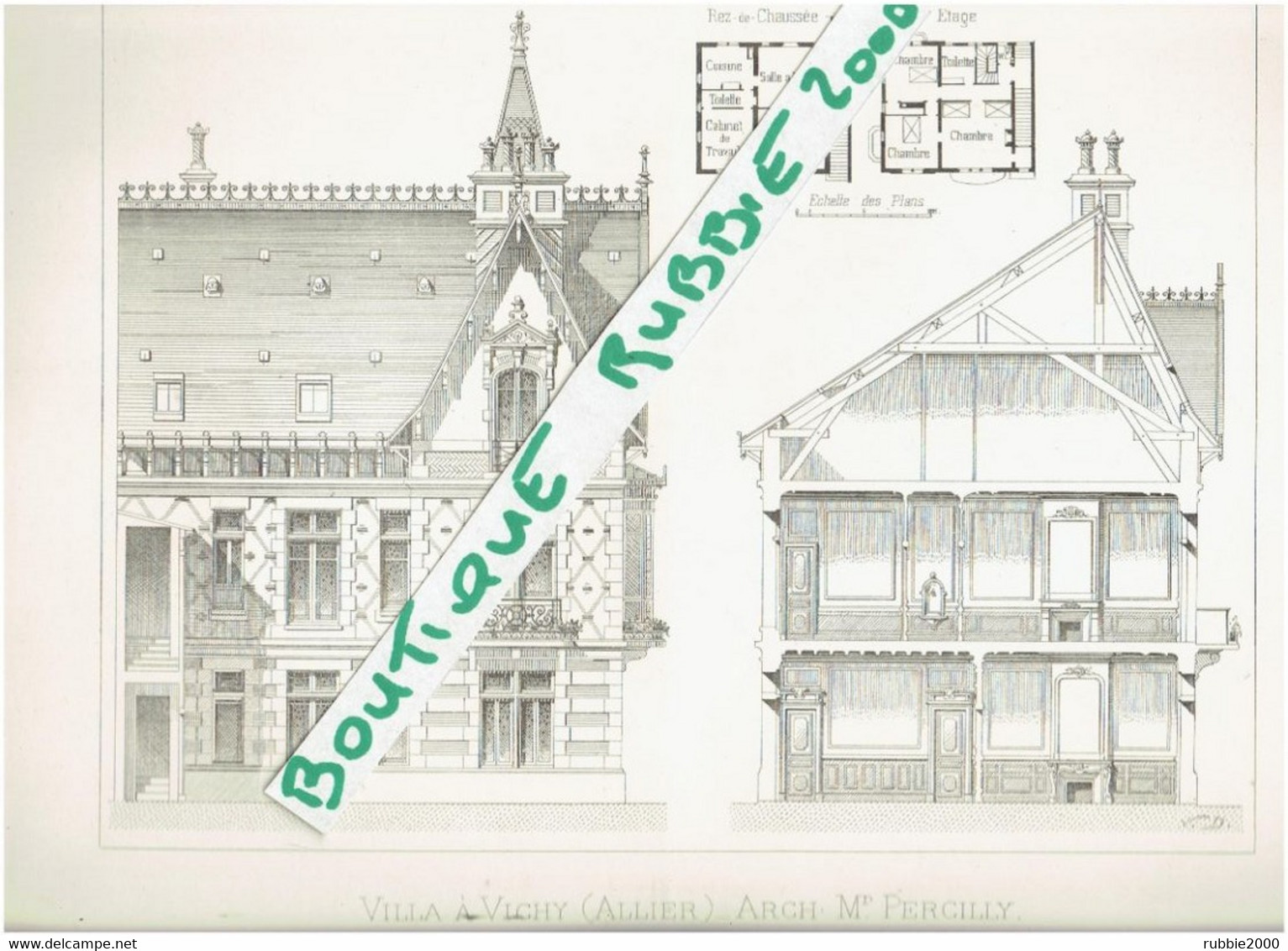 3 PLANS DESSIN 1895 VICHY VILLA LE CASTEL 8 RUE PRUNELLE ARCHITECTE PERCILLY - Auvergne