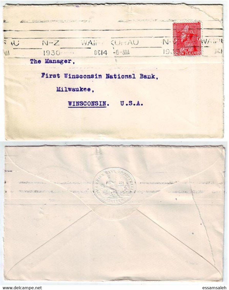 NZS14415 New Zealand 1930 Cover Franking KGV 1d Admiral Waipukurau To USA - Covers & Documents