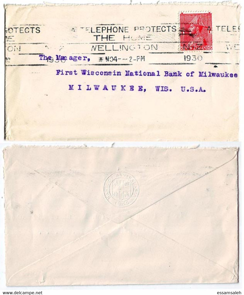 NZS14416 New Zealand 1930 Cover Franking KGV 1d Admiral With Slogan / Wellington To USA - Lettres & Documents