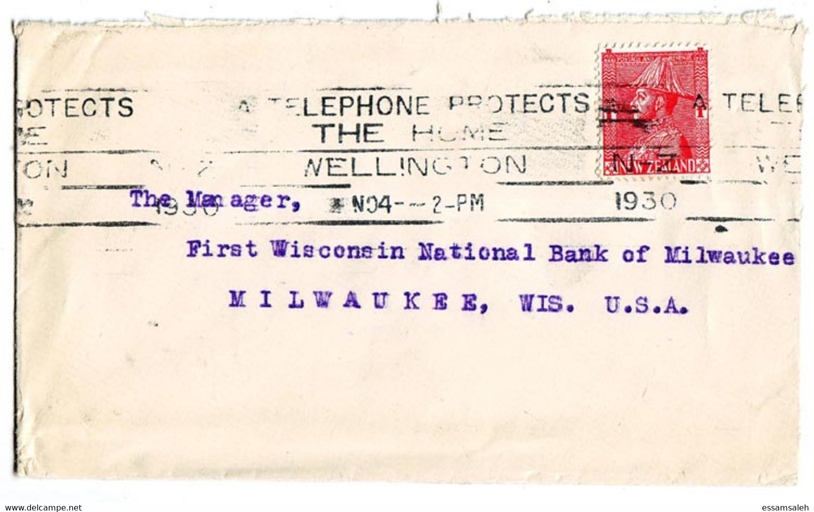 NZS14416 New Zealand 1930 Cover Franking KGV 1d Admiral With Slogan / Wellington To USA - Brieven En Documenten