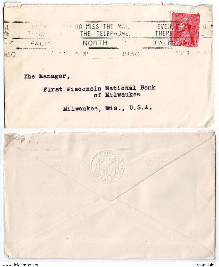 NZS14417 New Zealand 1930 Cover Franking KGV 1d Admiral With Slogan / Palmerston North To USA - Covers & Documents