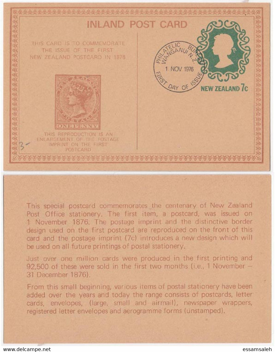 NZS31501 New Zealand 1976 Stationery Postcard FDI COMMEMRATING CENTENARY Of 1st Postcard - Entiers Postaux