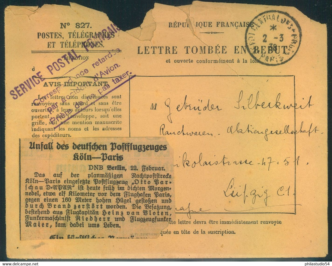 1938, K,ATASTROPHENPOST –CRASH-MAIL:,  Absturz Eines Deutschen Postflugzeuges. Geborgener Teil Zurück Nach Leipzig. - Other & Unclassified