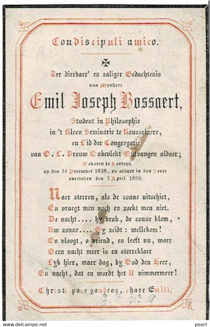 G. GEZELLE - Oorspronkelijk Gedicht Door G.G. Voor Emil BOSSAERT Roeselare +1859 - Zie "Kerkhofblommen Nr. 9 - Santini