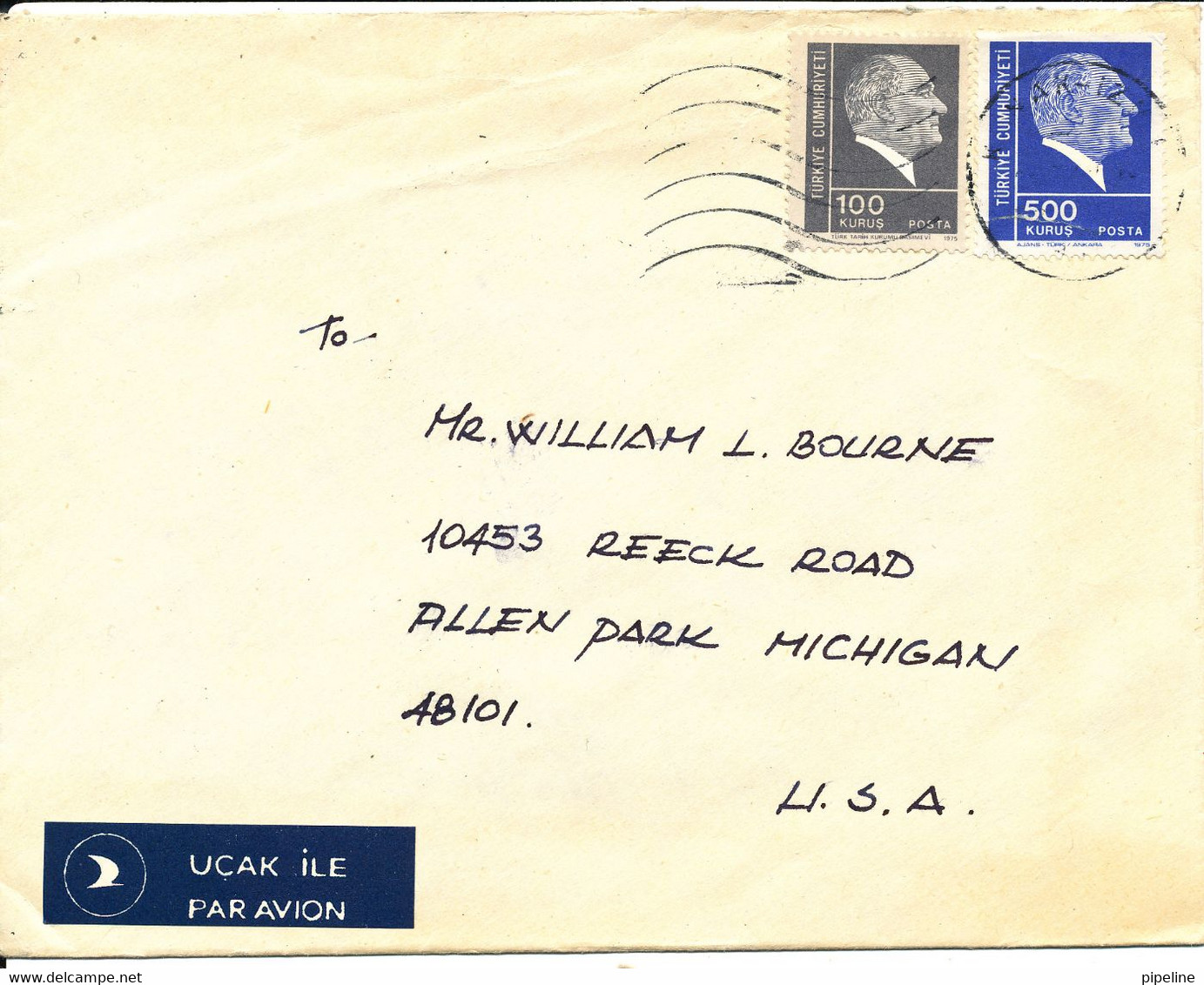 Turkey Cover Sent Air Mail  To USA (one Of The Stamps Damaged) - Brieven En Documenten