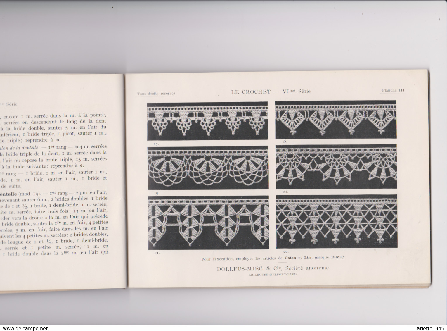 BIBLIOTHEQUE D . M . C  LE CROCHET VIme SERIE - Dentelles Et Tissus